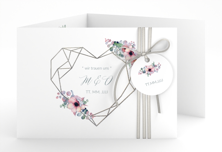 Hochzeitseinladung Herzgold A6 Doppel-Klappkarte weiss silber