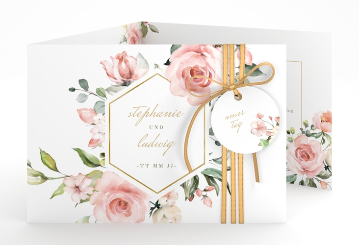 Hochzeitseinladung Graceful A6 Doppel-Klappkarte weiss gold mit Rosenblüten in Rosa und Weiß