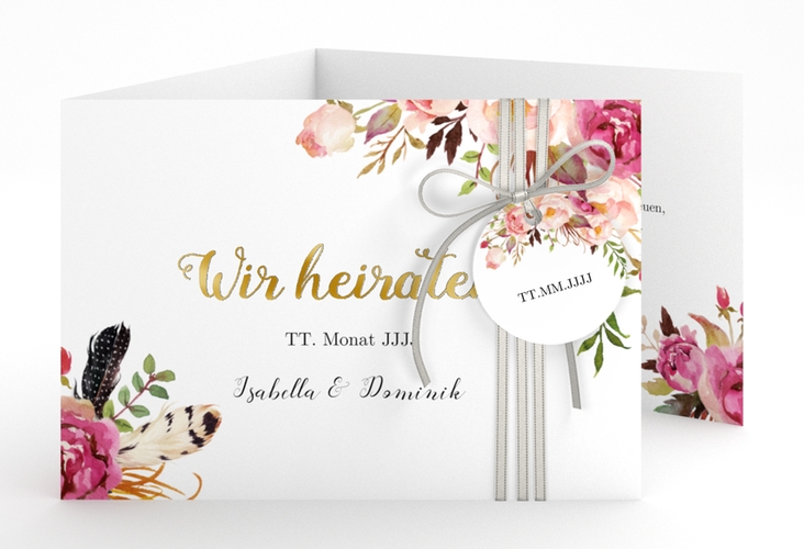 Hochzeitseinladung Flowers A6 Doppel-Klappkarte weiss gold mit bunten Aquarell-Blumen