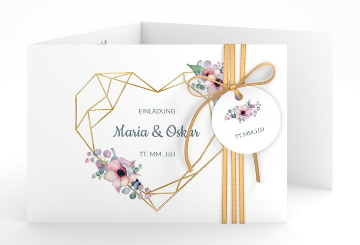 Hochzeitseinladung Herzgold A6 Doppel-Klappkarte weiss gold