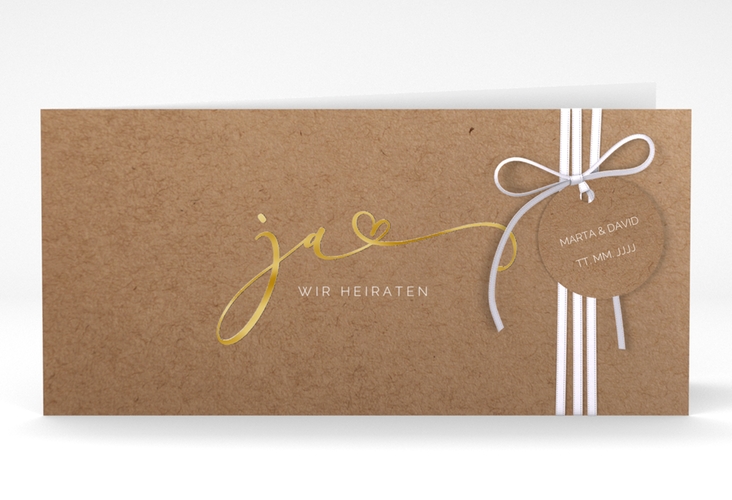 Hochzeitseinladung Jawort lange Klappkarte quer Kraftpapier gold modern minimalistisch mit veredelter Aufschrift