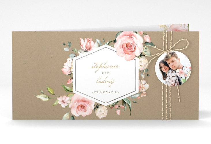 Hochzeitseinladung Graceful lange Klappkarte quer Kraftpapier silber mit Rosenblüten in Rosa und Weiß