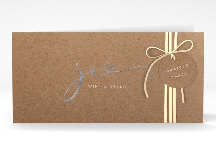 Hochzeitseinladung Jawort lange Klappkarte quer Kraftpapier silber modern minimalistisch mit veredelter Aufschrift