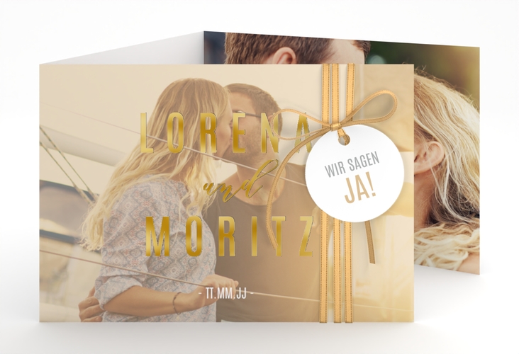 Hochzeitseinladung Memory A6 Doppel-Klappkarte beige gold