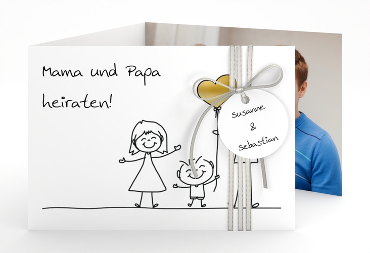 Hochzeitseinladung Family A6 Doppel-Klappkarte weiss gold