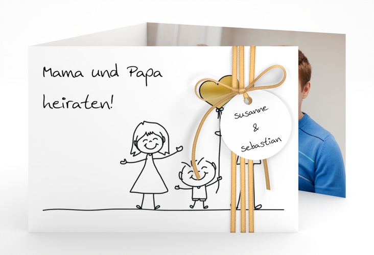 Hochzeitseinladung Family A6 Doppel-Klappkarte weiss gold