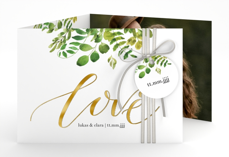 Hochzeitseinladung Botany A6 Doppel-Klappkarte weiss gold
