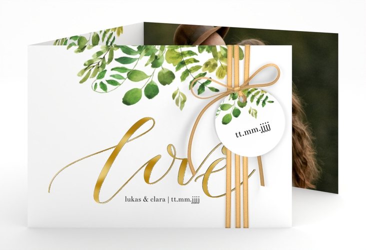 Hochzeitseinladung Botany A6 Doppel-Klappkarte weiss gold
