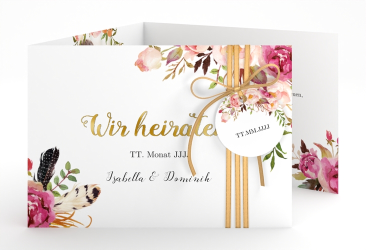 Hochzeitseinladung Flowers A6 Doppel-Klappkarte weiss gold mit bunten Aquarell-Blumen