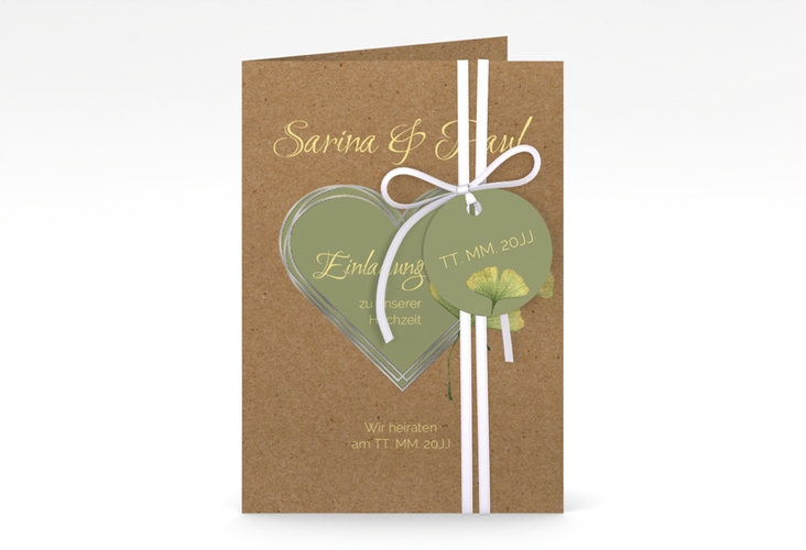 Einladungskarte Hochzeit Ginko A6 Klappkarte hoch Kraftpapier silber mit Herz und zwei Ginkgo-Blättern