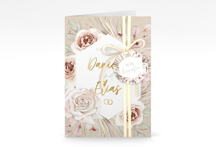 Einladungskarte Hochzeit Bohorose A6 Klappkarte hoch Kraftpapier gold