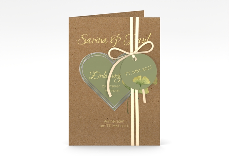 Einladungskarte Hochzeit Ginko A6 Klappkarte hoch Kraftpapier silber mit Herz und zwei Ginkgo-Blättern