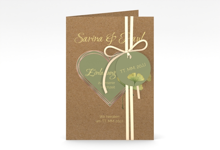 Einladungskarte Hochzeit Ginko A6 Klappkarte hoch Kraftpapier rosegold mit Herz und zwei Ginkgo-Blättern