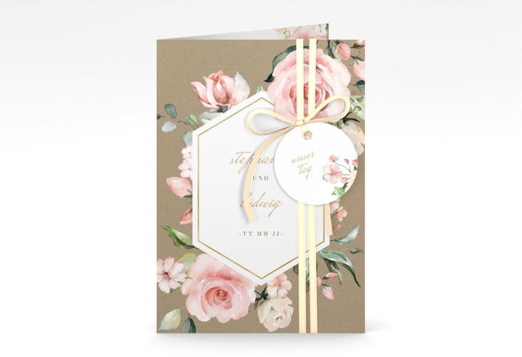 Einladungskarte Hochzeit Graceful A6 Klappkarte hoch Kraftpapier gold mit Rosenblüten in Rosa und Weiß