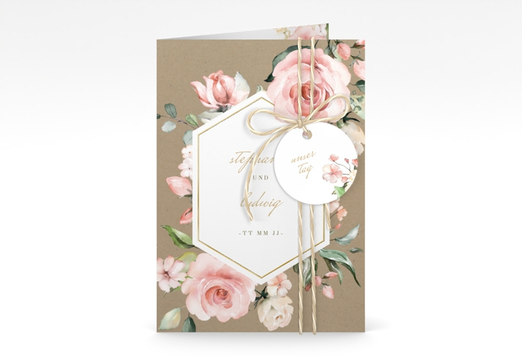 Einladungskarte Hochzeit Graceful A6 Klappkarte hoch Kraftpapier gold mit Rosenblüten in Rosa und Weiß