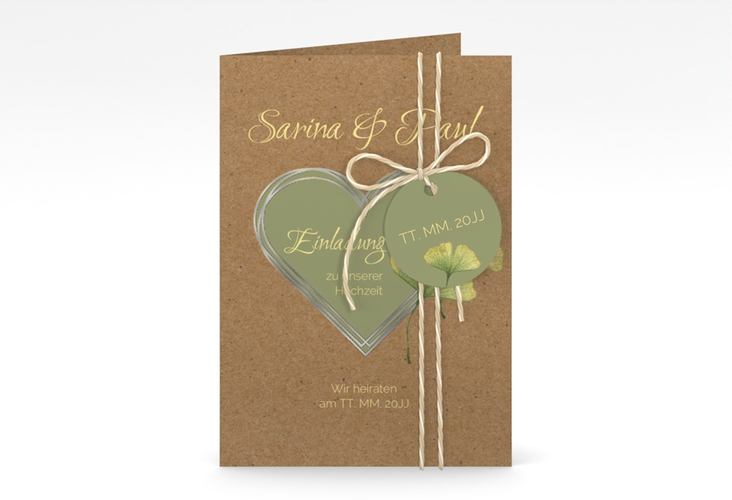 Einladungskarte Hochzeit Ginko A6 Klappkarte hoch Kraftpapier silber mit Herz und zwei Ginkgo-Blättern