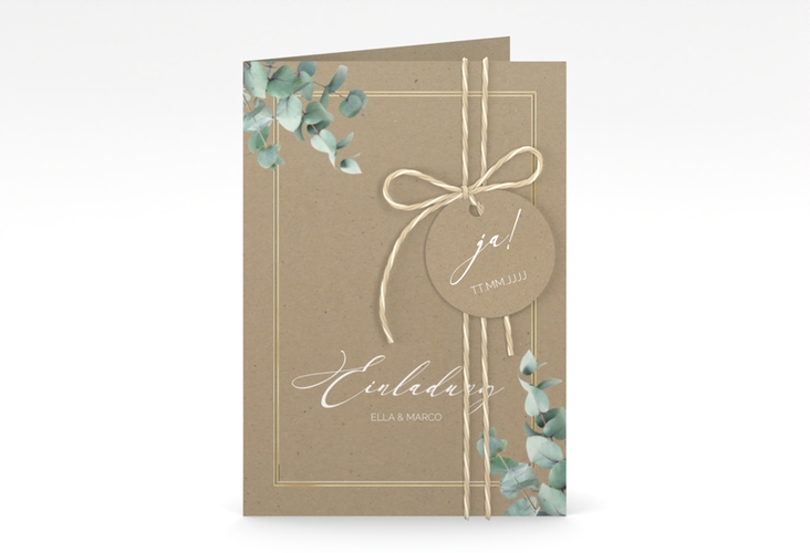 Einladungskarte Hochzeit Eucalypt A6 Klappkarte hoch Kraftpapier gold mit Eukalyptus und edlem Rahmen