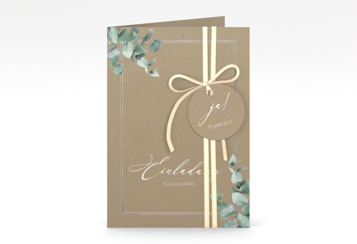 Einladungskarte Hochzeit Eucalypt A6 Klappkarte hoch Kraftpapier silber mit Eukalyptus und edlem Rahmen