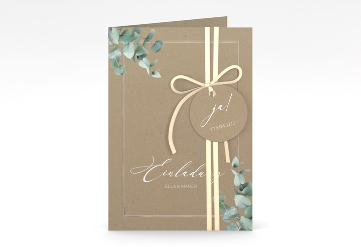 Einladungskarte Hochzeit Eucalypt A6 Klappkarte hoch Kraftpapier rosegold mit Eukalyptus und edlem Rahmen