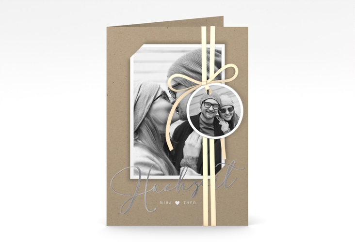 Einladungskarte Hochzeit Crafty A6 Klappkarte hoch Kraftpapier silber mit Foto des Brautpaars