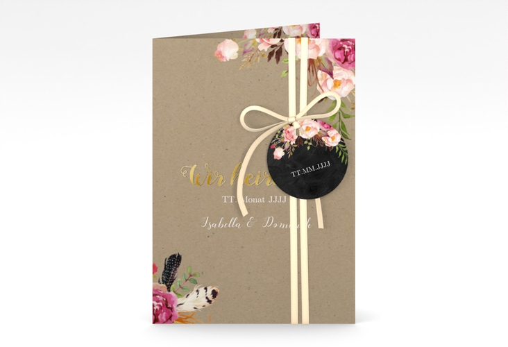 Einladungskarte Hochzeit Flowers A6 Klappkarte hoch Kraftpapier gold mit bunten Aquarell-Blumen