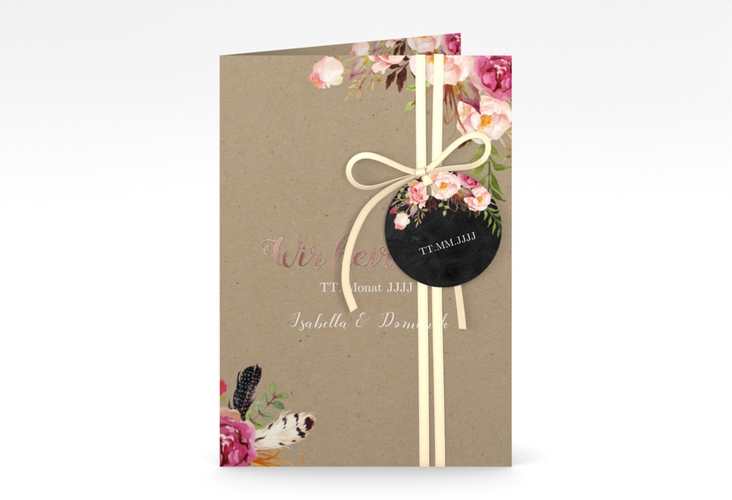 Einladungskarte Hochzeit Flowers A6 Klappkarte hoch Kraftpapier rosegold mit bunten Aquarell-Blumen