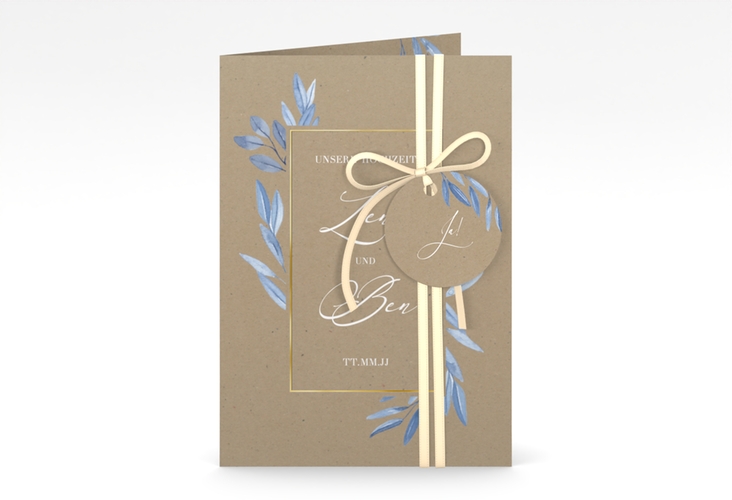Einladungskarte Hochzeit Classicblue A6 Klappkarte hoch Kraftpapier gold
