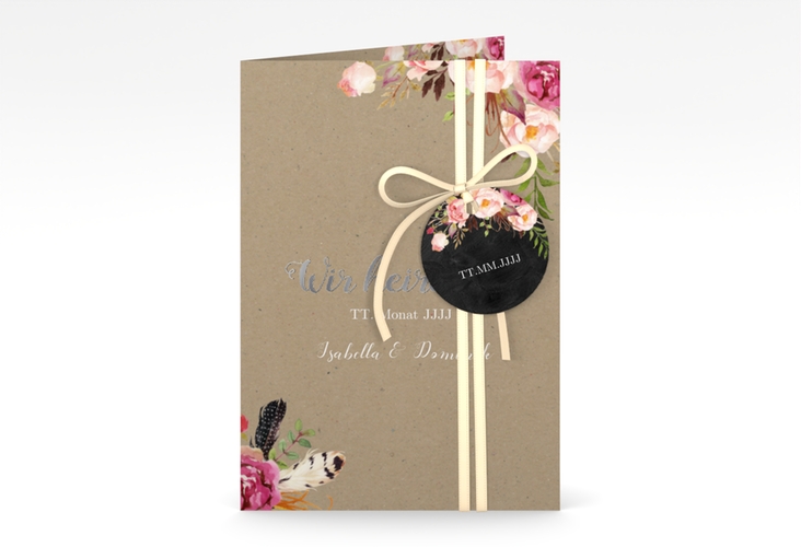 Einladungskarte Hochzeit Flowers A6 Klappkarte hoch Kraftpapier silber mit bunten Aquarell-Blumen