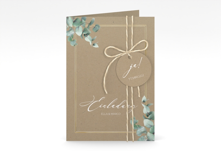 Einladungskarte Hochzeit Eucalypt A6 Klappkarte hoch Kraftpapier gold mit Eukalyptus und edlem Rahmen