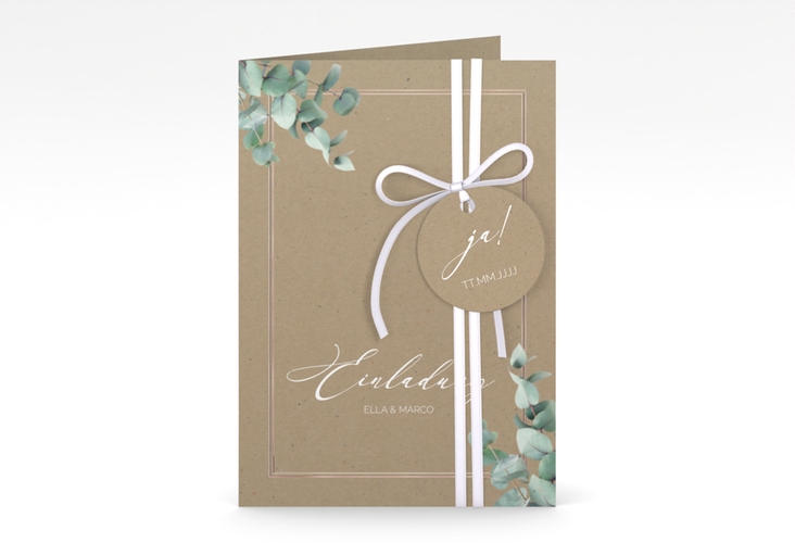 Einladungskarte Hochzeit Eucalypt A6 Klappkarte hoch Kraftpapier rosegold mit Eukalyptus und edlem Rahmen
