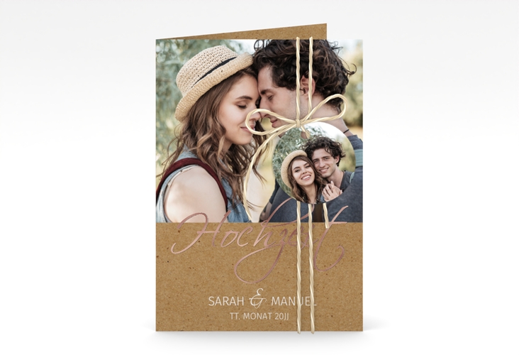 Einladungskarte Hochzeit Big Picture A6 Klappkarte hoch Kraftpapier rosegold mit Foto des Brautpaars