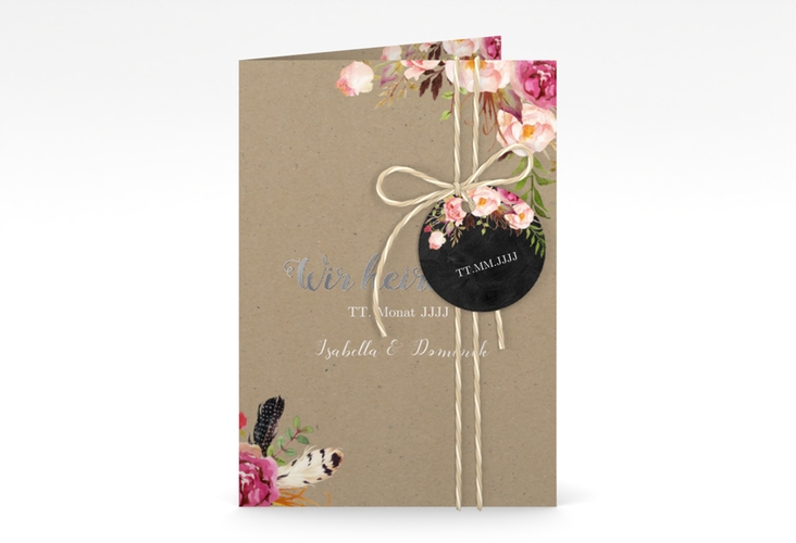 Einladungskarte Hochzeit Flowers A6 Klappkarte hoch Kraftpapier silber mit bunten Aquarell-Blumen