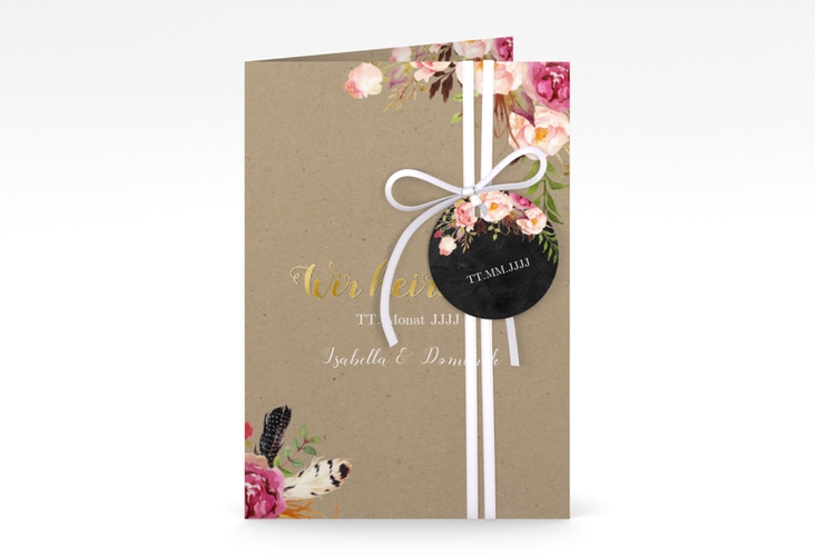 Einladungskarte Hochzeit Flowers A6 Klappkarte hoch Kraftpapier gold mit bunten Aquarell-Blumen