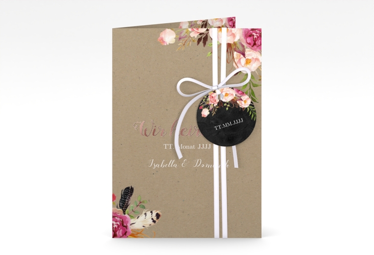 Einladungskarte Hochzeit Flowers A6 Klappkarte hoch Kraftpapier rosegold mit bunten Aquarell-Blumen