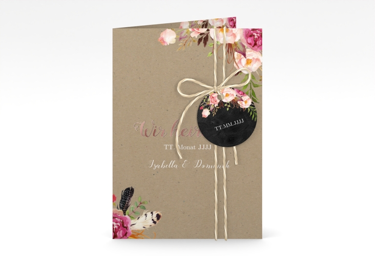 Einladungskarte Hochzeit Flowers A6 Klappkarte hoch Kraftpapier rosegold mit bunten Aquarell-Blumen