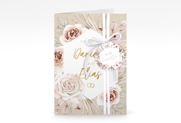 Einladungskarte Hochzeit Bohorose A6 Klappkarte hoch Kraftpapier gold