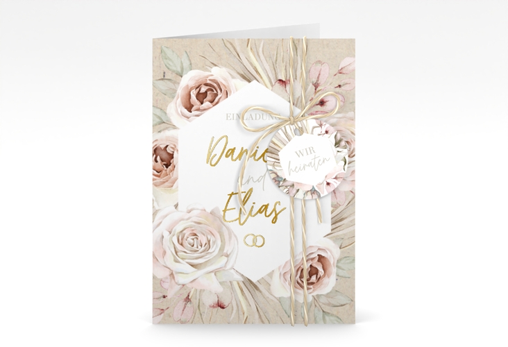 Einladungskarte Hochzeit Bohorose A6 Klappkarte hoch Kraftpapier gold