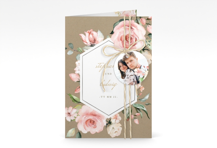 Einladungskarte Hochzeit Graceful A6 Klappkarte hoch Kraftpapier silber mit Rosenblüten in Rosa und Weiß