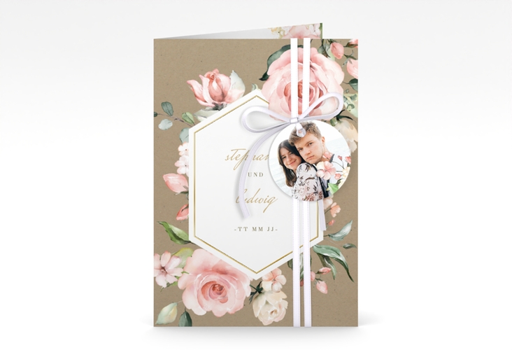 Einladungskarte Hochzeit Graceful A6 Klappkarte hoch Kraftpapier gold mit Rosenblüten in Rosa und Weiß