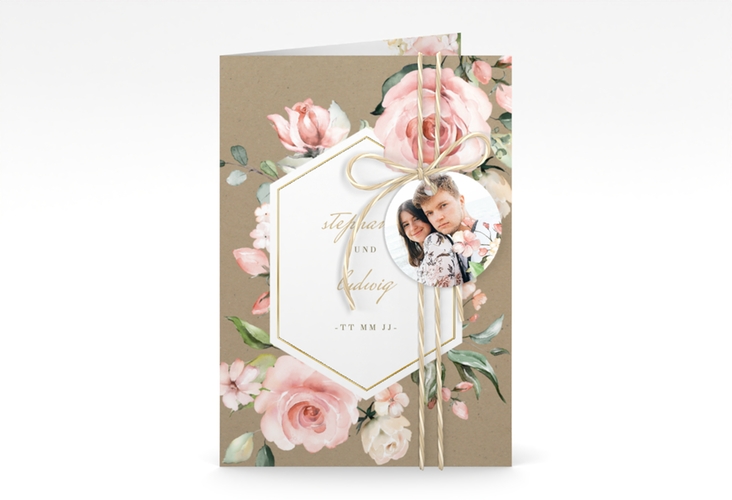 Einladungskarte Hochzeit Graceful A6 Klappkarte hoch Kraftpapier gold mit Rosenblüten in Rosa und Weiß
