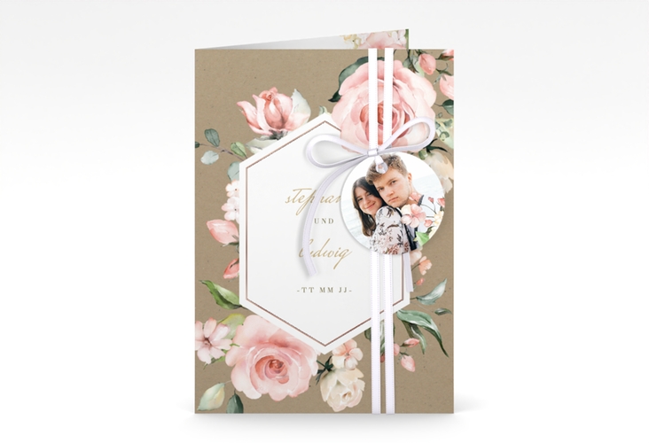 Einladungskarte Hochzeit Graceful A6 Klappkarte hoch Kraftpapier rosegold mit Rosenblüten in Rosa und Weiß