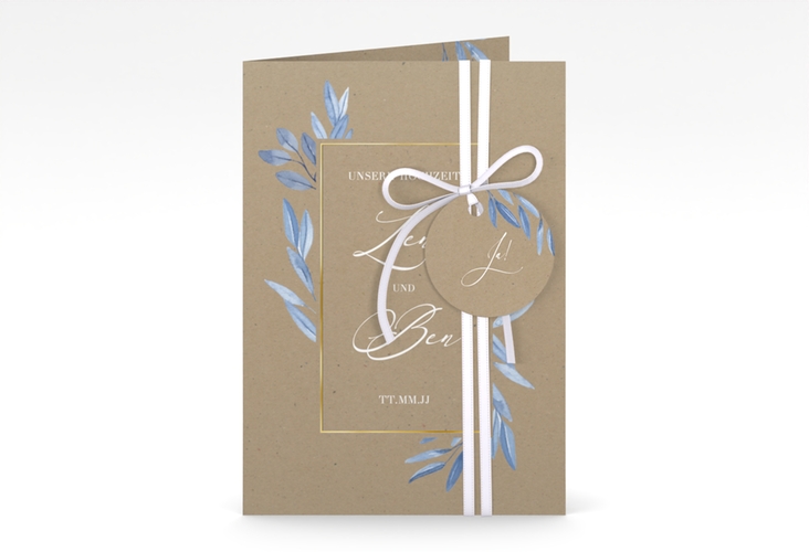 Einladungskarte Hochzeit Classicblue A6 Klappkarte hoch Kraftpapier gold