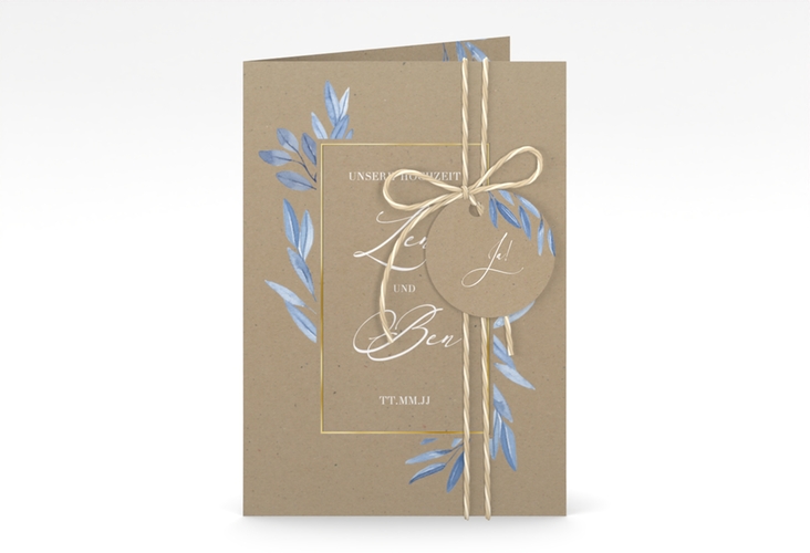 Einladungskarte Hochzeit Classicblue A6 Klappkarte hoch Kraftpapier gold