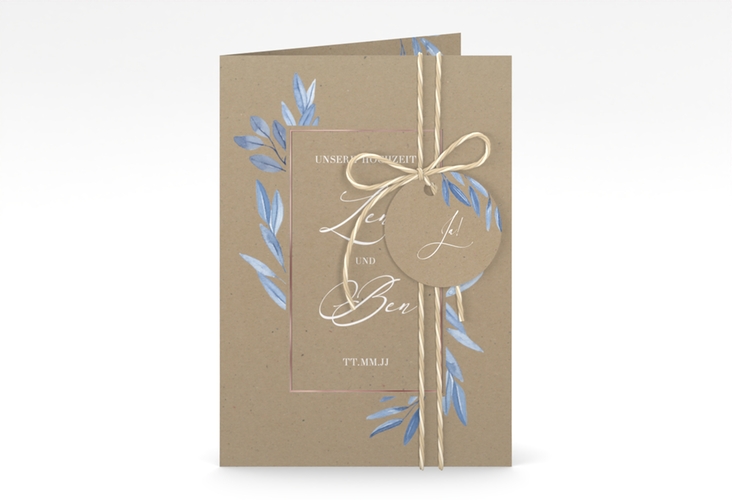 Einladungskarte Hochzeit Classicblue A6 Klappkarte hoch Kraftpapier rosegold