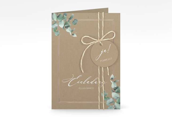 Einladungskarte Hochzeit Eucalypt A6 Klappkarte hoch Kraftpapier rosegold mit Eukalyptus und edlem Rahmen