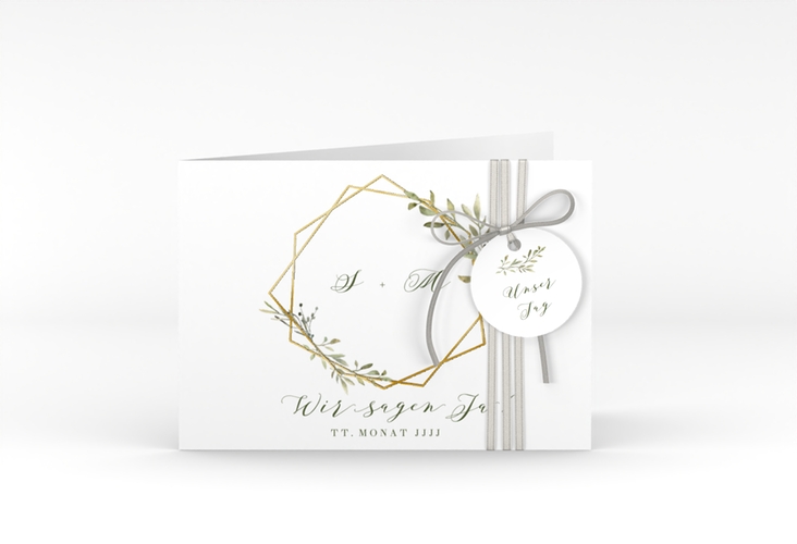Hochzeitseinladung Acacia A6 Klappkarte quer weiss gold