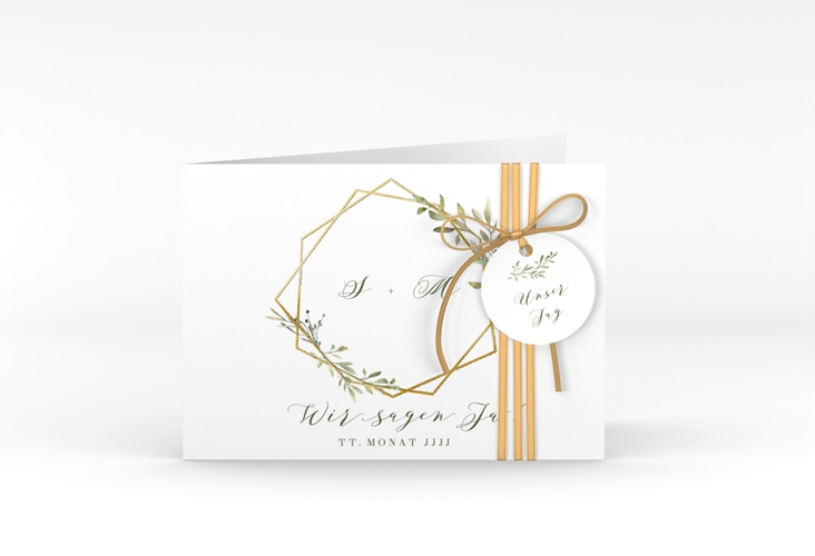Hochzeitseinladung Acacia A6 Klappkarte quer weiss gold