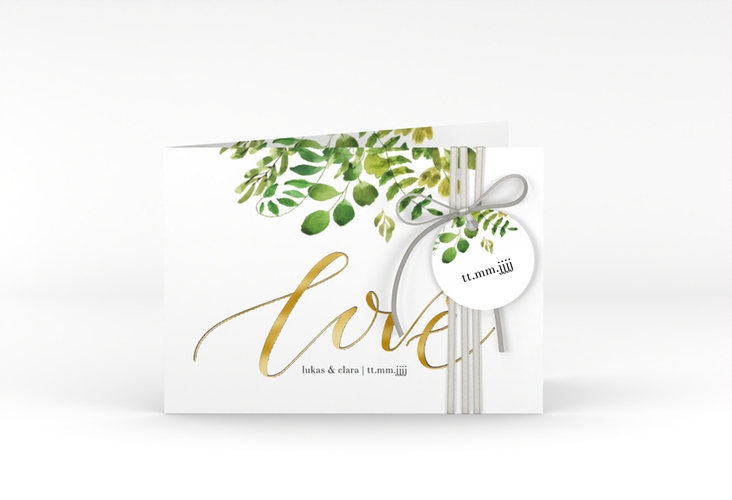 Hochzeitseinladung Botany A6 Klappkarte quer weiss gold