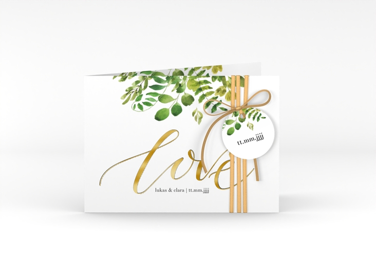 Hochzeitseinladung Botany A6 Klappkarte quer weiss gold