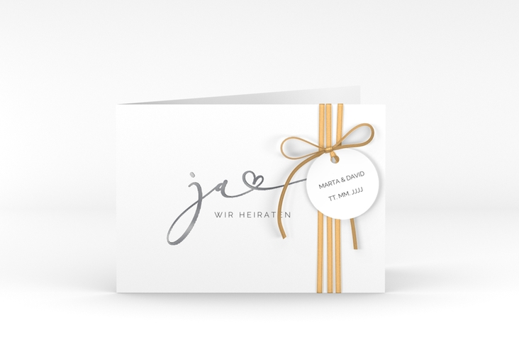 Hochzeitseinladung Jawort A6 Klappkarte quer weiss silber modern minimalistisch mit veredelter Aufschrift